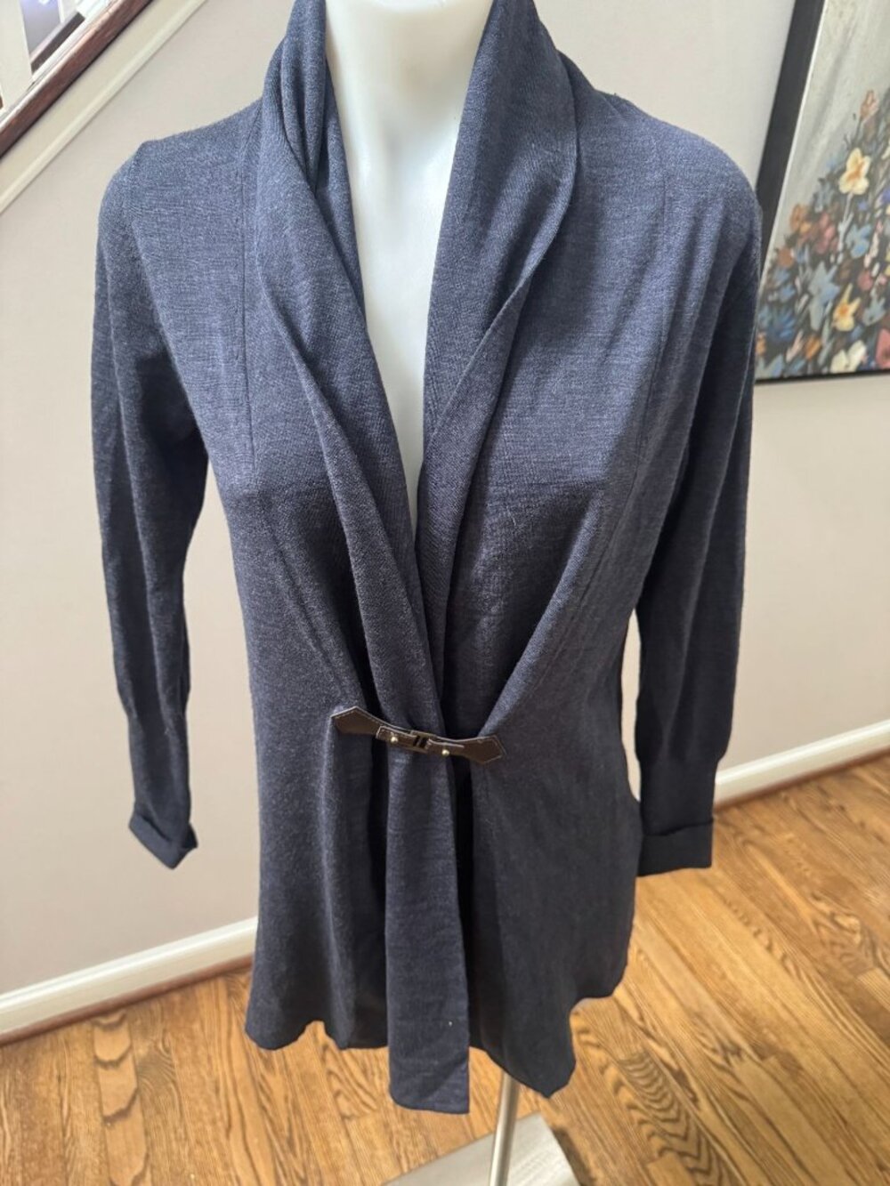 RANI ARABELLA Wool Cashmere Draped Cardigan Sweater Navy Blue Medium